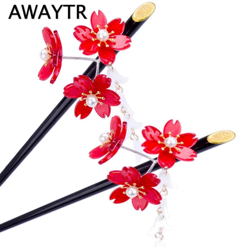 Женская шпилька для волос AWAYTR винтажная с красными цветами вишни в японском
