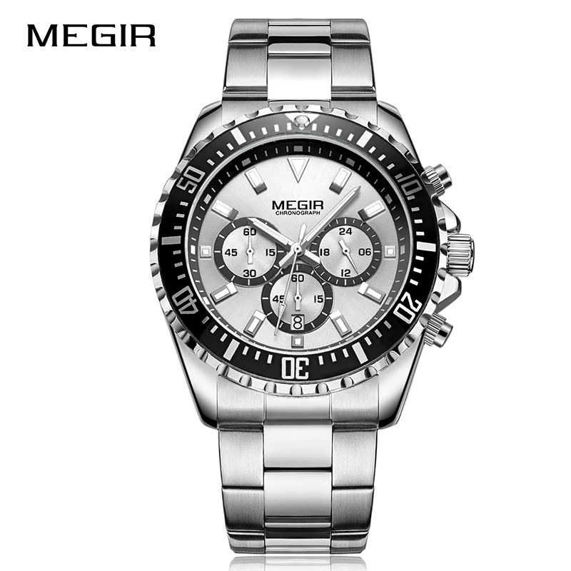AllSilver MEGIR люксовый бренд бизнес Кварцевые Мужские наручные часы полный стальной хронограф водонепроницаемые военные часы мужские часы Relogio Masculino - Цвет: AllSilver