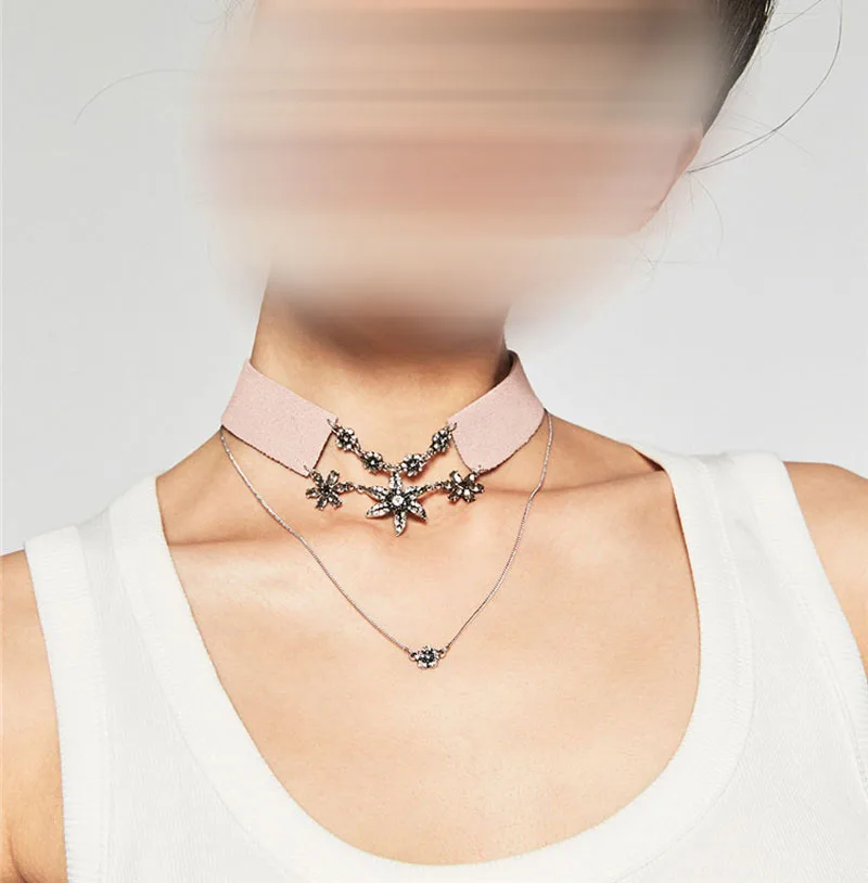 

Gothic Punk Double Layer Rhinestone Flower Velvet Choker Pendant Necklace Retro Jewelry For Women