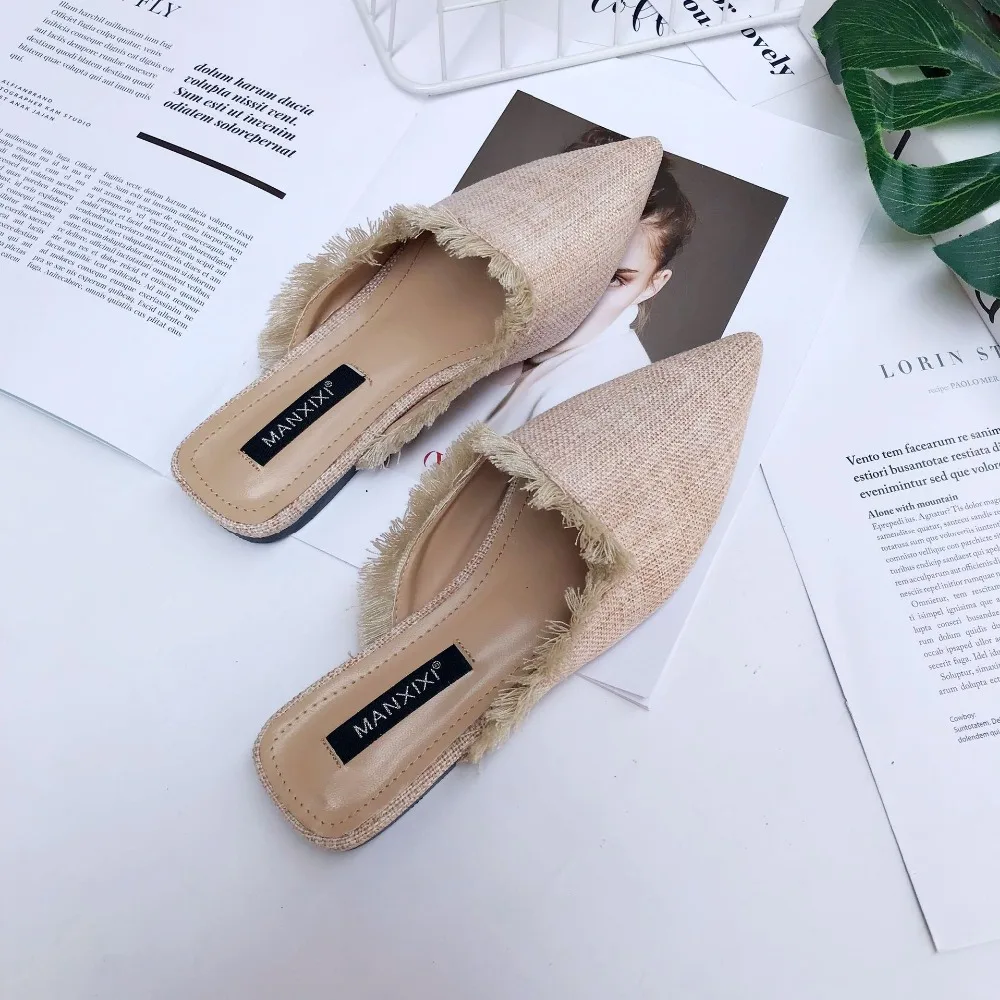 Новинка 2019 года сезон весна лето женские шлёпанцы из пеньковой ткани с острым