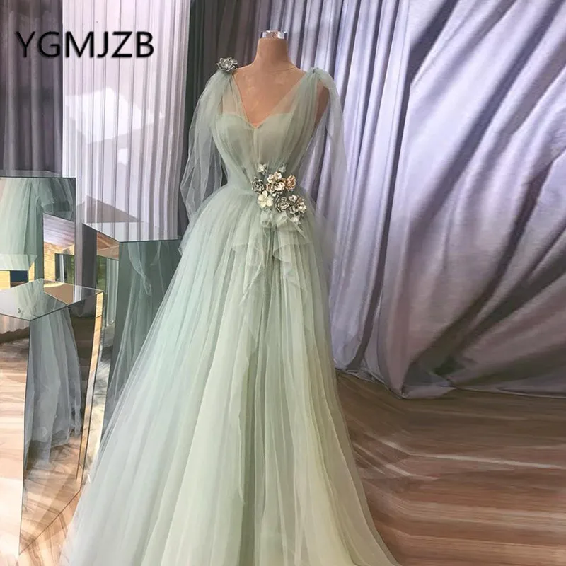 Abendkleider 2019 Elegant Long Prom Dresses A-line V-neck 3D Flowers Tulle Evening Gown Women Formal Ceremony Party Dress | Свадьбы и
