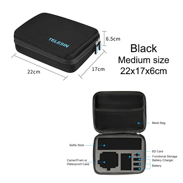 Black M size TELESIN Защитная сумка для хранения EVA коробка чехол для Gopro Hero 7 6 5 4 Xiaomi YI 4k SJCAM SJ4000 5000 eken сумки сумка для камеры - Цвет: Black M size