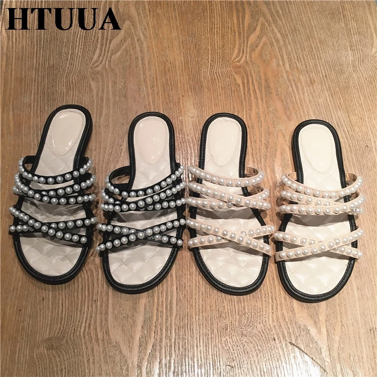 HTUUA/брендовые дизайнерские женские шлепанцы с жемчужинами и перекрестными