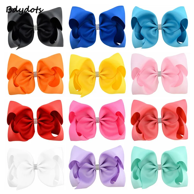 

1Piece 8 Inch Kids Colorful Big Hair Bow With Clip Boutique Grosgrain Ribbon Bow With Rhinestone Hairpins Accessories Headwear
