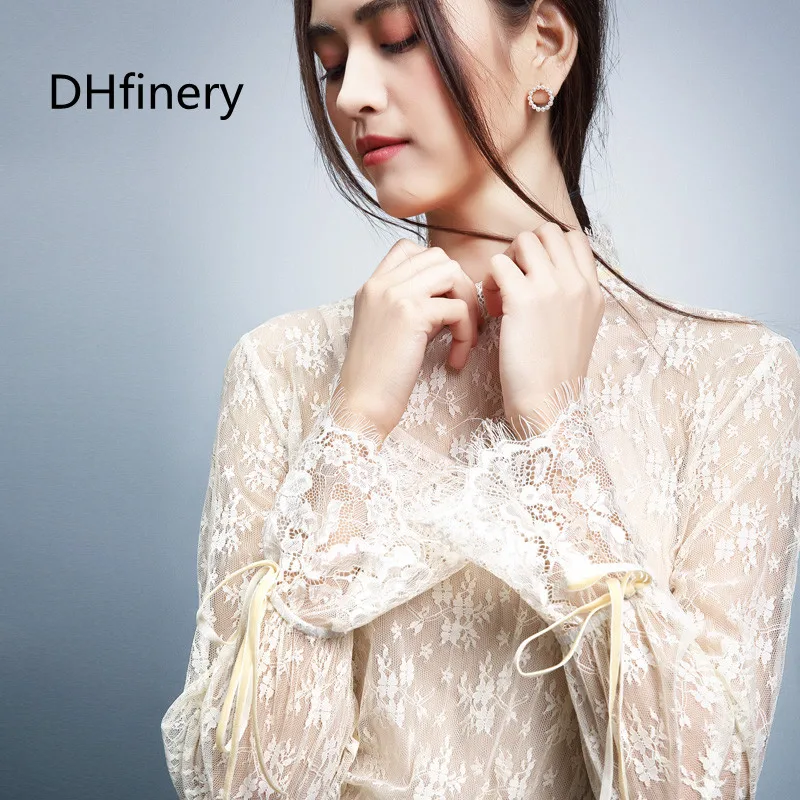 

DHfinery t shirt feminina long-sleeve sexy hook flower hollow t-shirt spring autumn lace black beige shirt tops s-3XL sg28528