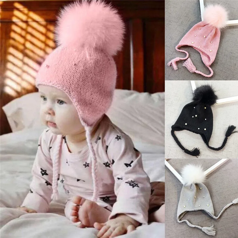 Милая зимняя теплая вязаная крючком Шапка бини с жемчугом для малышей модная