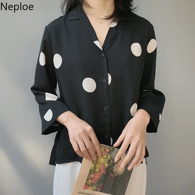 Neploe Summer 2019 Women Top New Fashion Polka Dot Print Blouse Chic Notched Collar Eight Quarter Sleeve Blusa 43341 |