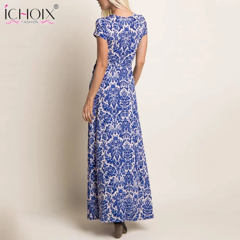 

summer Women Long Dress in the floor sarafan Floral Print female short sleeve V-neck Maxi dress Bohemian Elegant party vestidos