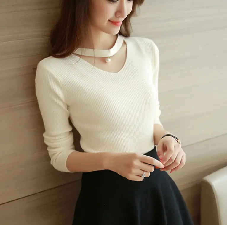 New winter sweater bottoming openwork beaded wild female short paragraph hedging long-sleeved shirt | Женская одежда