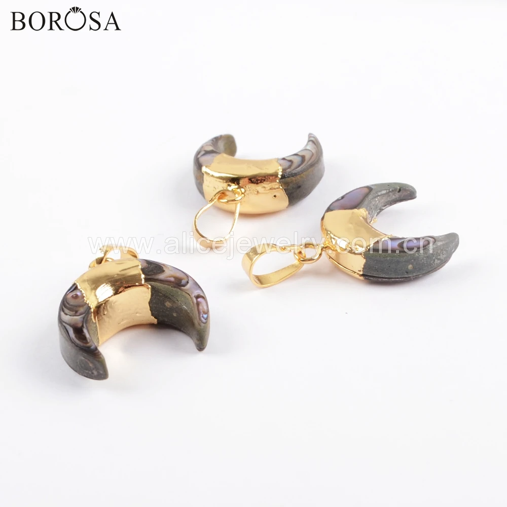 

BOROSA 10PCS Gold Plated Abalone Shell Crescent Pendants Shell Moon Shape Connectors Double Loops Necklace Fashion Jewelry G1713