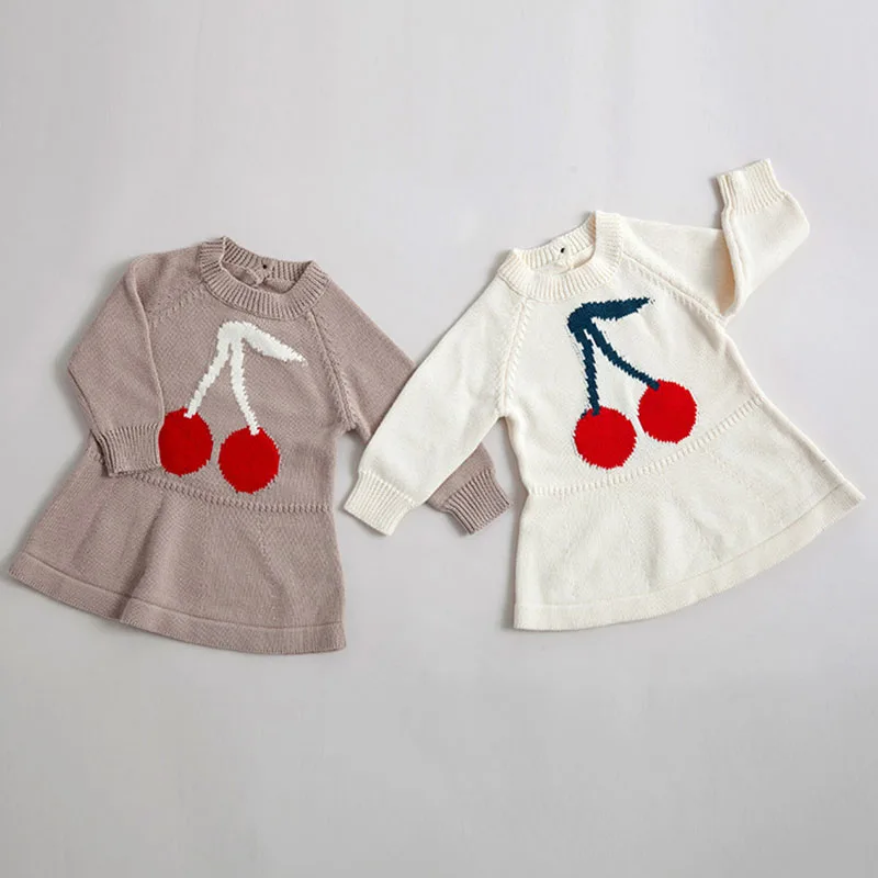 2019 Spring Autumn Casual Cherry Printing Sweater Baby Girls Dress Kids Princess Pure Cotton Long Sleeve Children Clothes | Детская