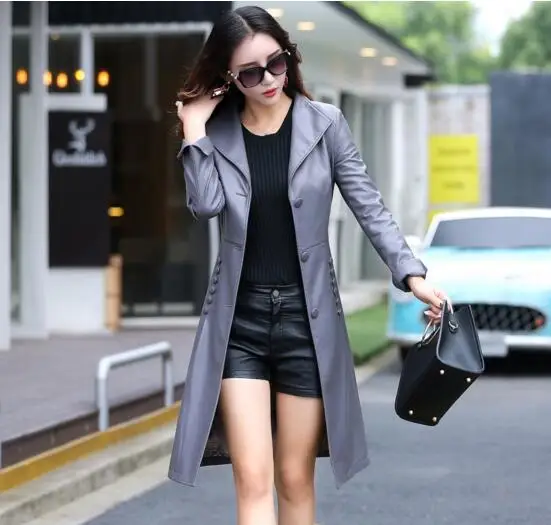 Женское длинное кожаное пальто осенне зимнее большого размера 2017|womens leather trench