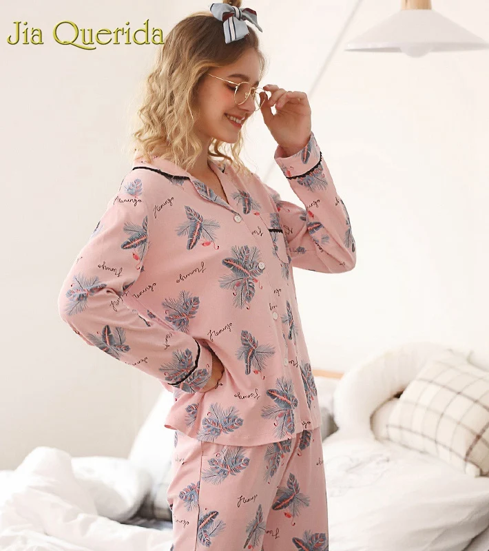 J & Q Pjs для женщин 2019 Весна Новая мода пижамный комплект 2 шт. Женская хлопковая