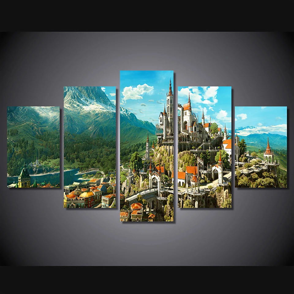 

HD Frame Home Decor Canvas Painting Poster 5 PiecePcs Castle Mountain Landscape Modern Wall Art Living Room Printed Pictures