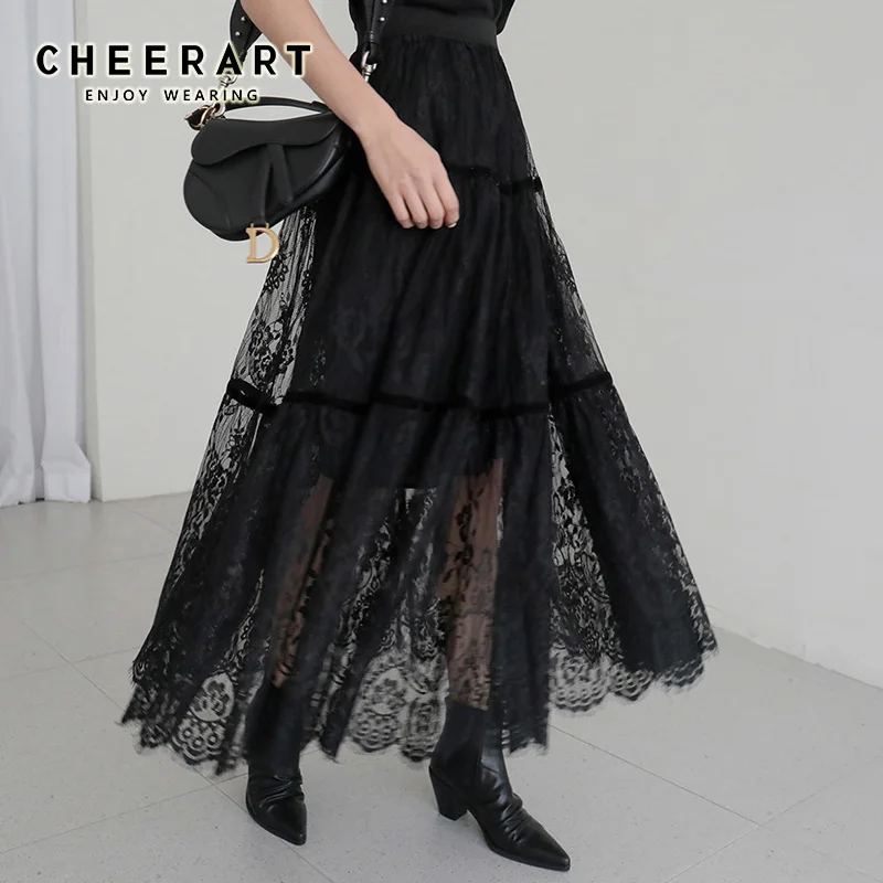 Женская длинная кружевная юбка CHEERART черная средней длины с высокой талией