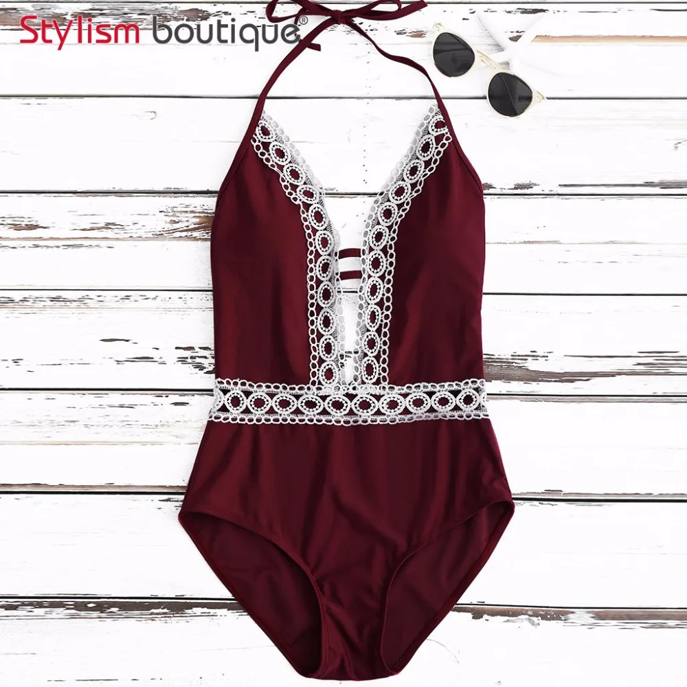 2018 кружевной лоскутный купальник женский цельный с глубоким вырезом купальный