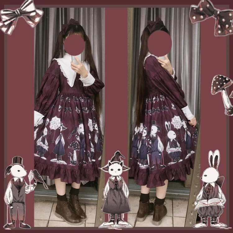 Toadstool& Bunny Печатный Готический длинный фонарь рукав Повседневное платье лолиты