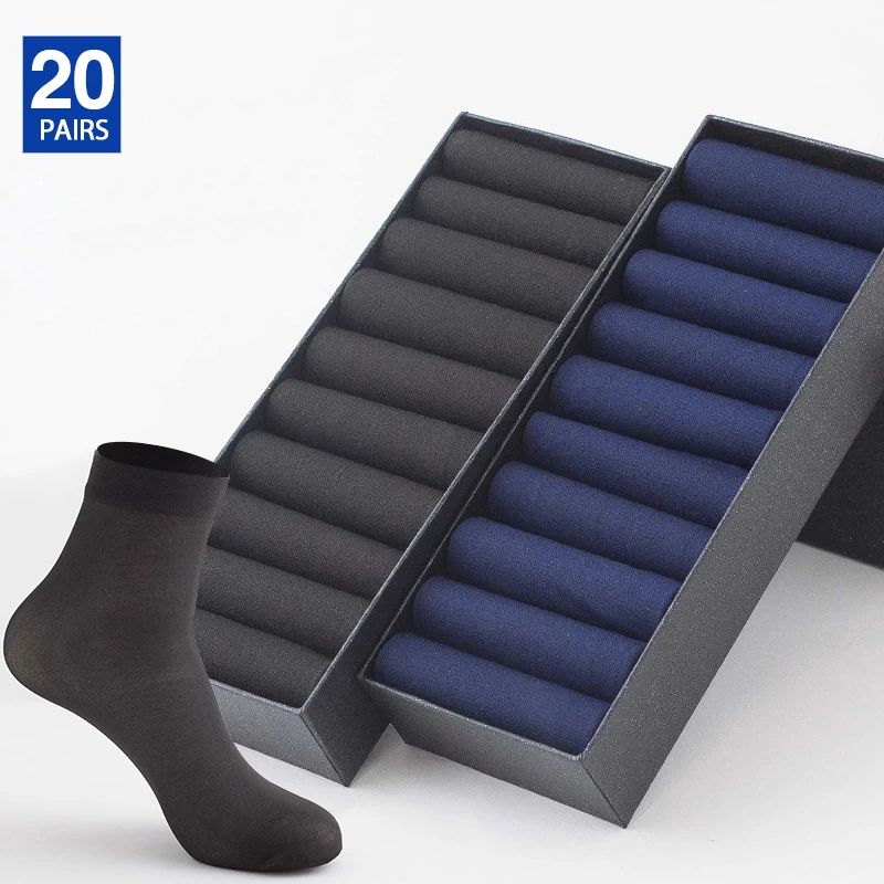 Black and Navy HSS Брендовые мужские шелковые носки, 20 пар, высокое качество, деловые повседневные мужские длинные носки, летние тонкие прозрачные ультратонкие мужские чулки - Цвет: Black and Navy
