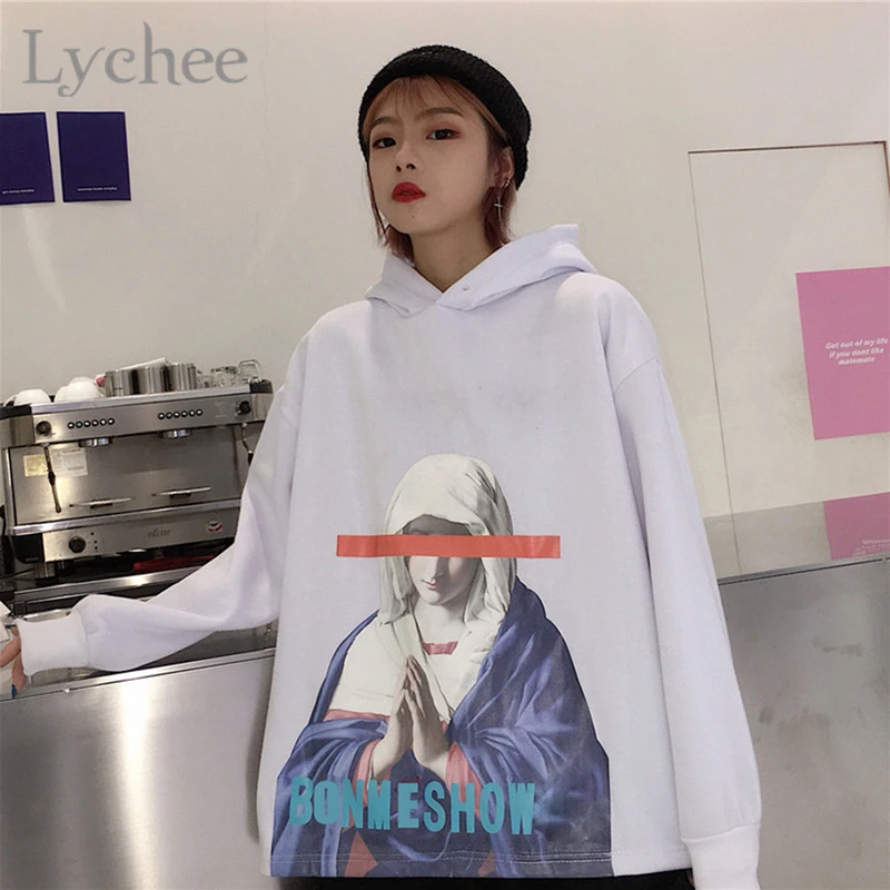 Женская флисовая толстовка Lychee в стиле Харадзюку С Капюшоном и надписью молитвы