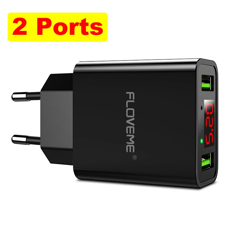 USB зарядное устройство FLOVEME Быстрая быстрая зарядка 3 порта светодиодный дисплей ЕС/США штекер Макс 5 в 2.4A мобильный телефон Смарт зарядное устройство для iPhone ноутбук зарядное устройство - Тип штекера: 2 ports EU