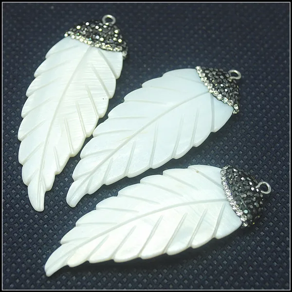 

3pcs nature shell pedants with rhinestone white leaf pearl pendant mother of pearl shell for charms choker necklace designs