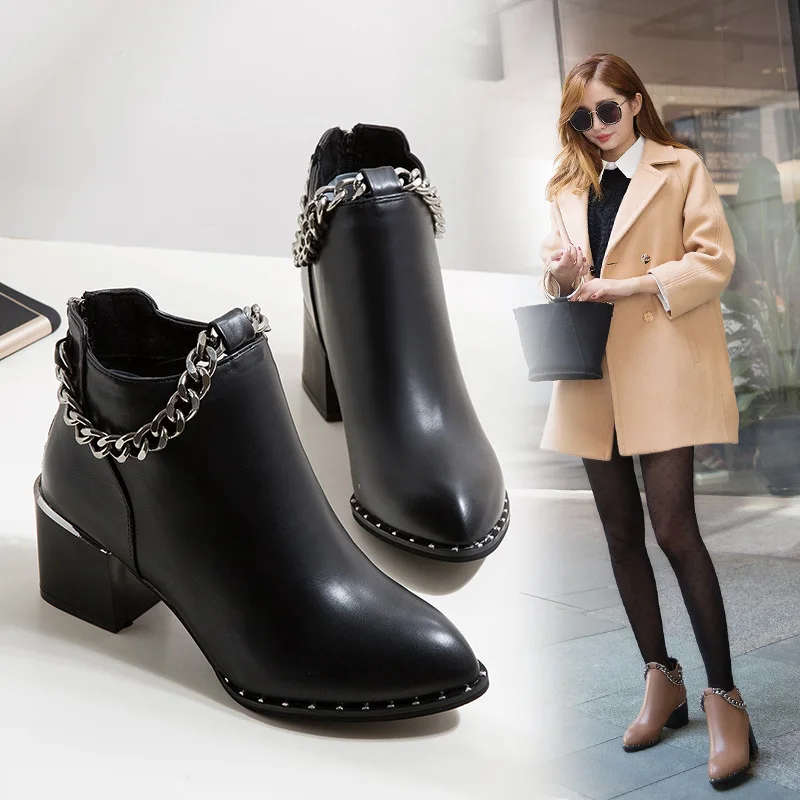 Металлические украшения на толстом каблуке для верховой езды botines цепи заклепки