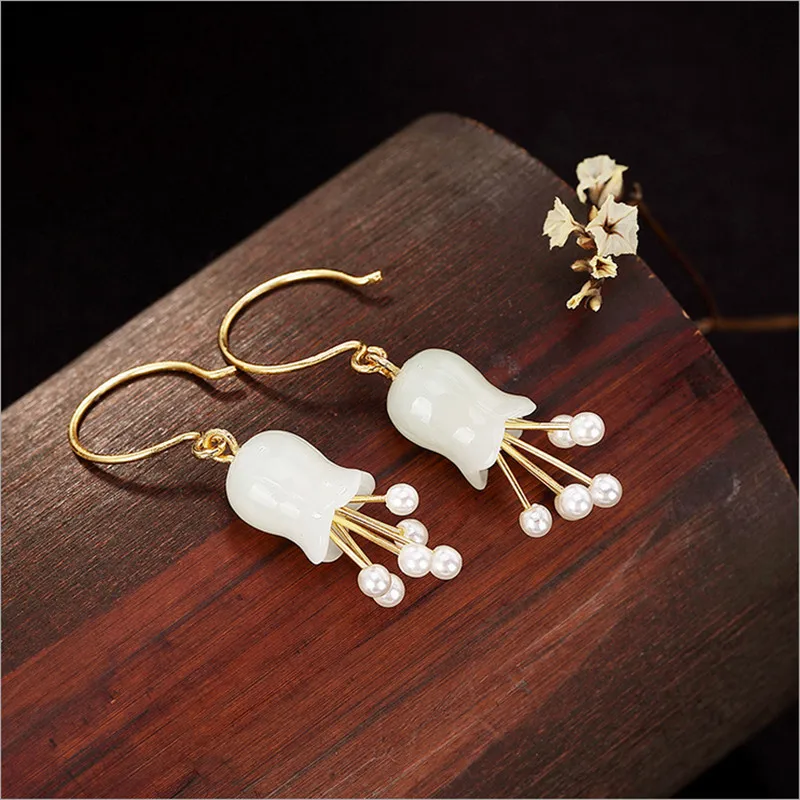 Женские серьги из серебра 925 пробы с натуральным нефритом|Серьги-подвески| |