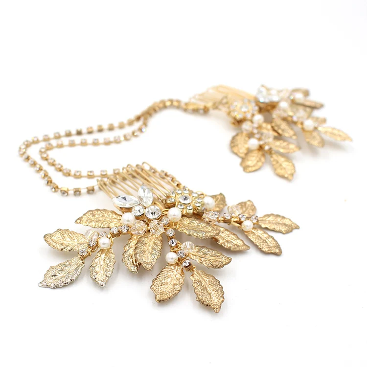 Свадебная тиара гребень SLBRIDAL с кристаллами жемчугом цветочным листом повязка на