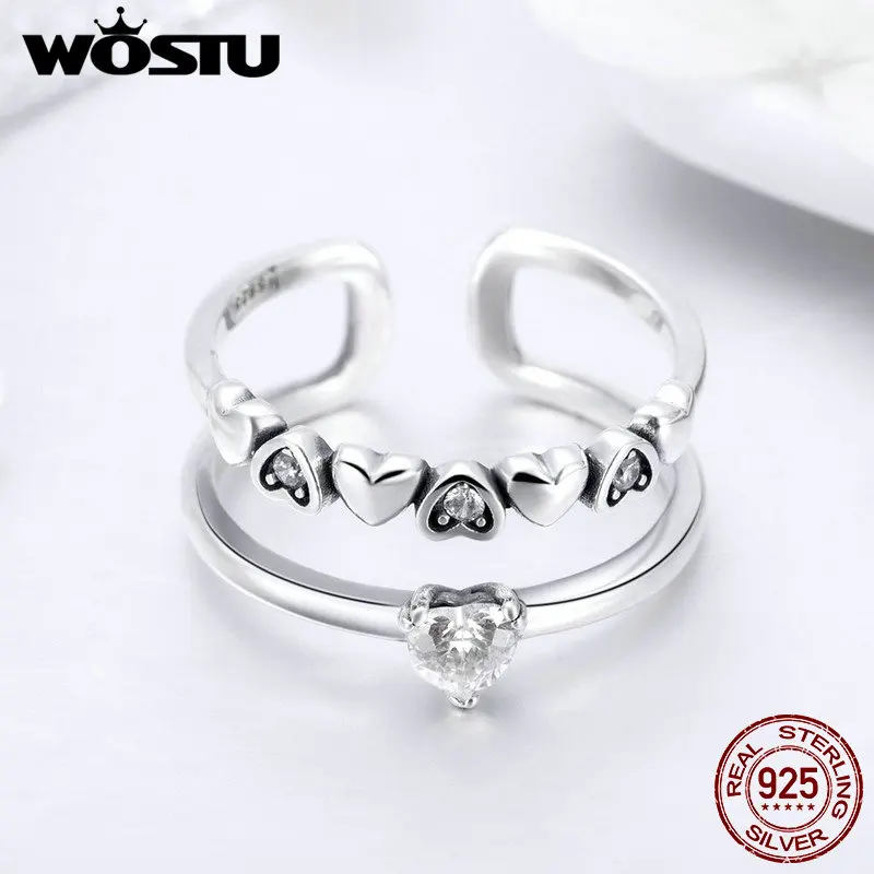 Женское кольцо с сердечком WOSTU из серебра 925 пробы прозрачным фианитом модные