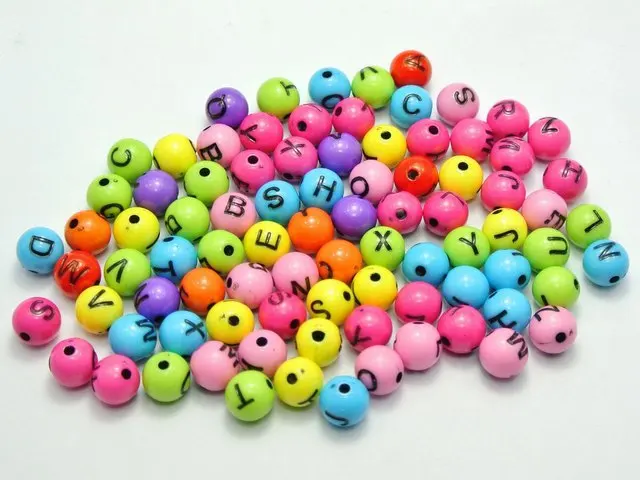 

200 Mixed Color with Black Assorted Alphabet Letter Round Beads 8mm