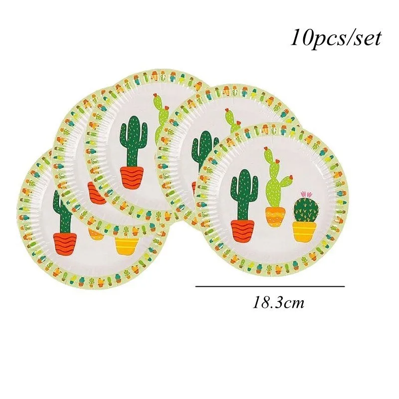 10pcs round plate 1 Набор, вечерние одноразовые столовые приборы в виде кактуса, ламы, воздушные шары, салфетка, зеленое растение, гирлянда для украшения дня рождения, тропические вечерние принадлежности - Цвет: 10pcs round plate