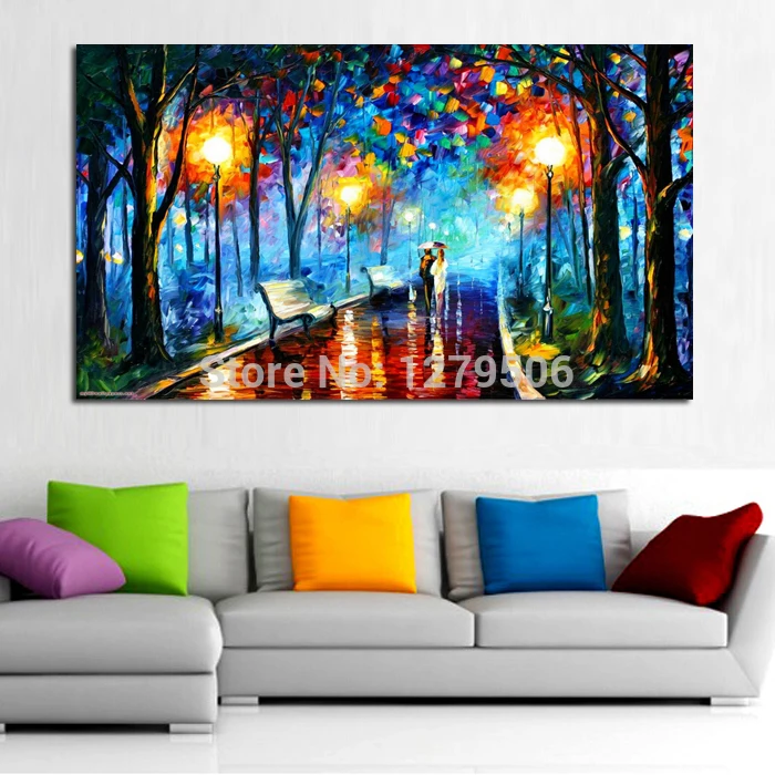 

Big size professional aritist Handpainted Tree Landscape Oil Painting Wall Art Lover Rain Street Canvas Picture For Living Room