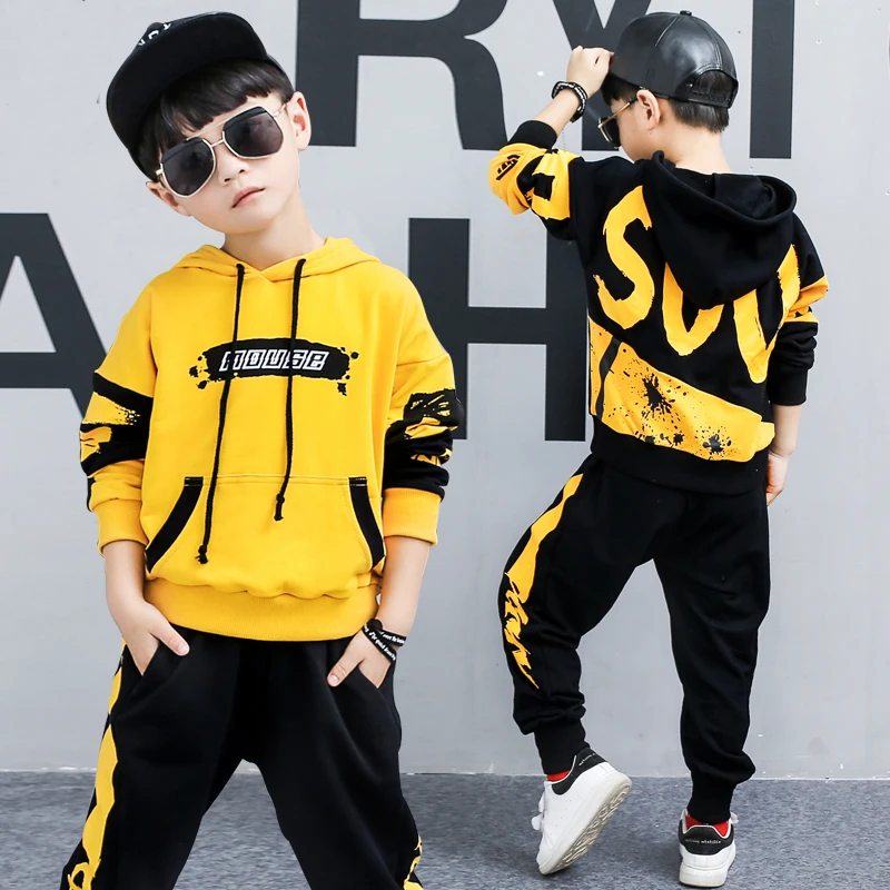 

New Arrival Boys Hip Hop Clothes Sports Set Spring Fall Kids Jazz Costume Children's Hooded Sweatshirt + Pants 2 Pcs Suit B143