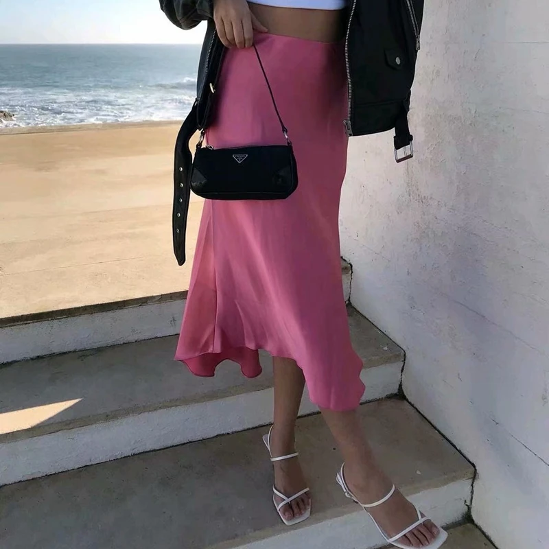 Юбка Женская атласная трапециевидная с завышенной талией средней длины | одежда