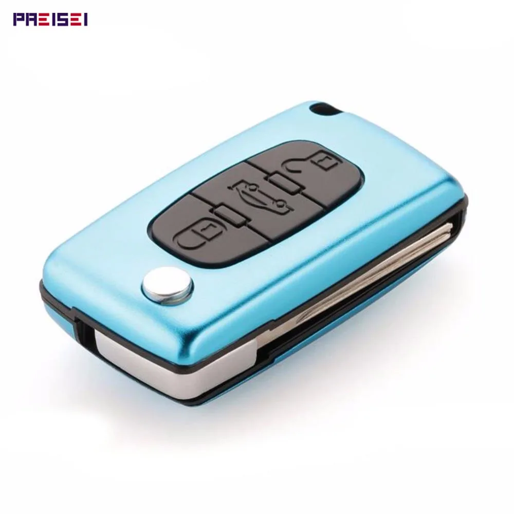 

PREISEI New Aluminum Cyan 3 Buttons Flip Remote Car Key shells fob with Trunk for Peugeot 407 CE0536