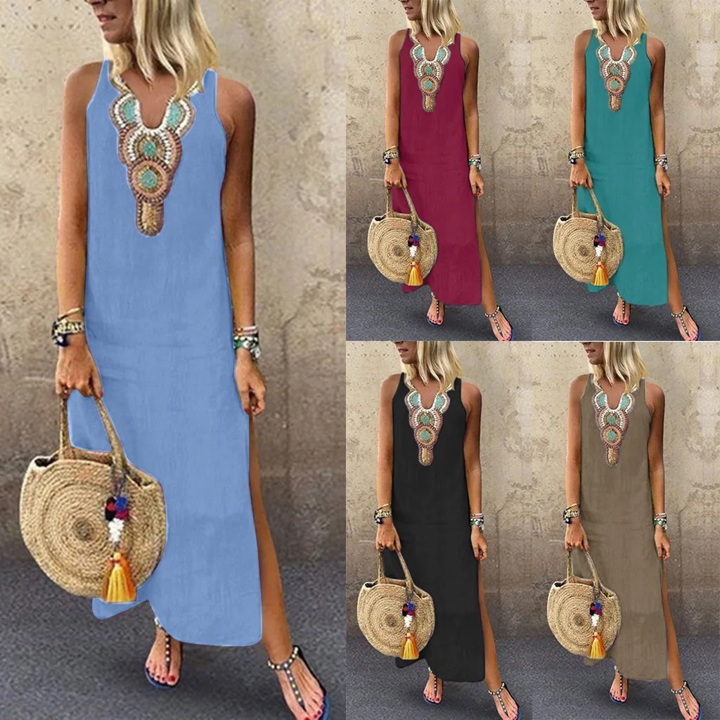 Летнее женское длинное платье без рукавов с v образным вырезом свободное