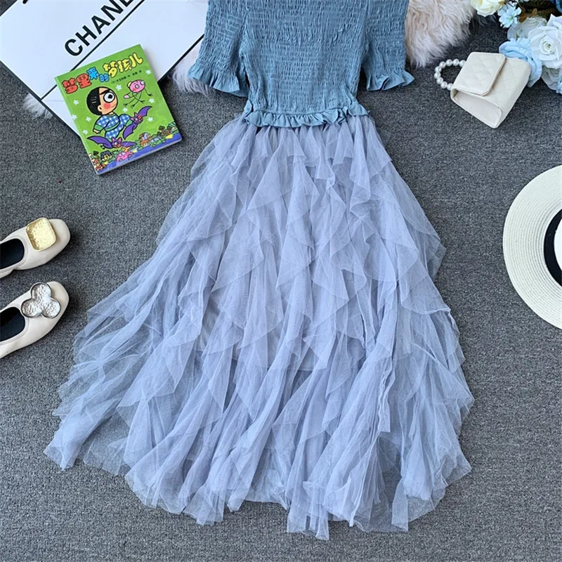 ALPHALMODA, Дамское милое бальное платье, платье с эластичным верхом, с открытыми плечами, неровное, гофрированное, Сетчатое, лоскутное, для женщин, Ретро стиль, принцесса, vestidos
