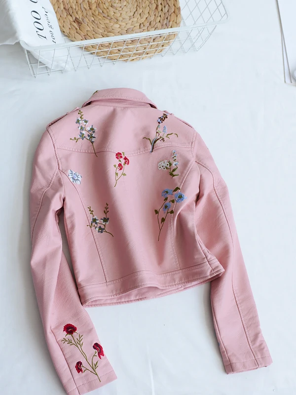 

Autumn Biker Jacket Women Embroidered Bomber Faux Leather Jacket Floral Print Pink Black Motorcycle Leather Jacket
