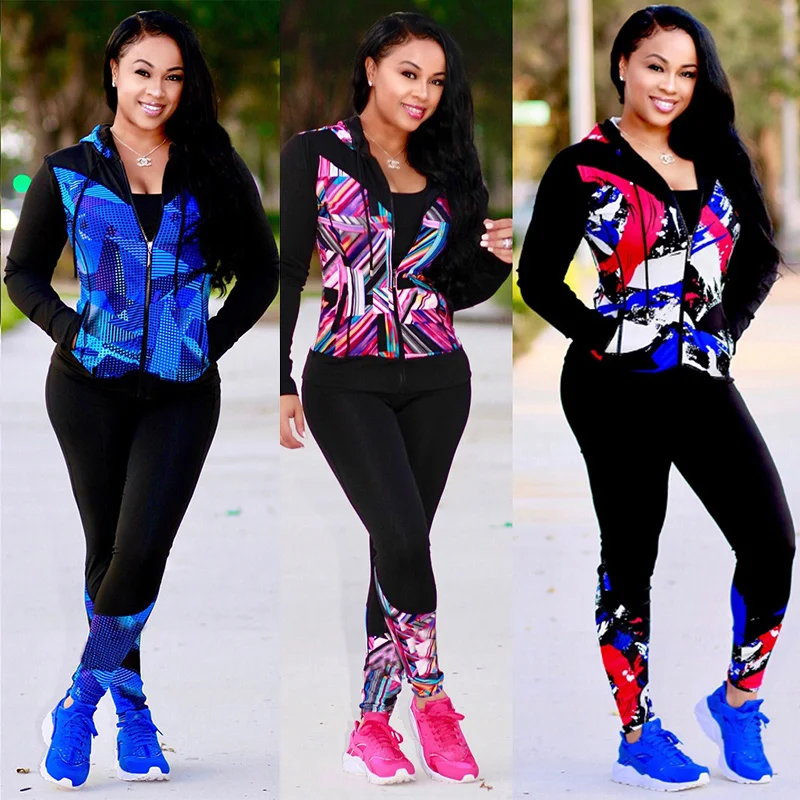 

Ladies Two Piece Set Vogue Tracksuit Hooded Long Pants Print Jacket Women Sweat Suit Sweatshirt Outfits Cold Fall Clothes Street