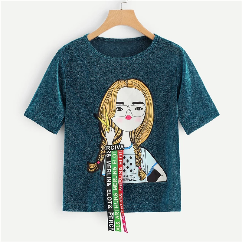 Dotfashion, бирюзовая футболка с рисунком, блестящая женская футболка, лето, Повседневная Уличная одежда, модные топы, футболка с коротким рукавом