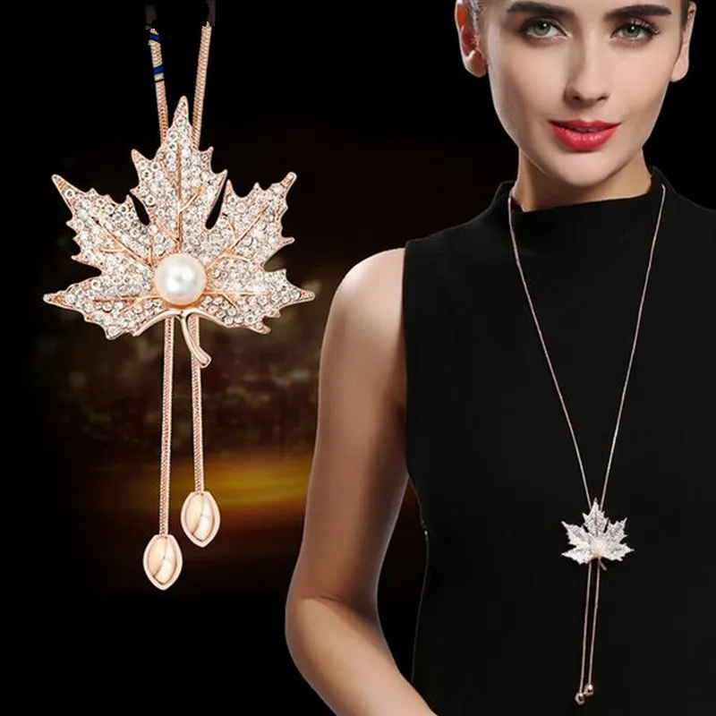Ожерелье на длинной цепочке с подвеской в виде кленовых листьев|statement necklace|chain