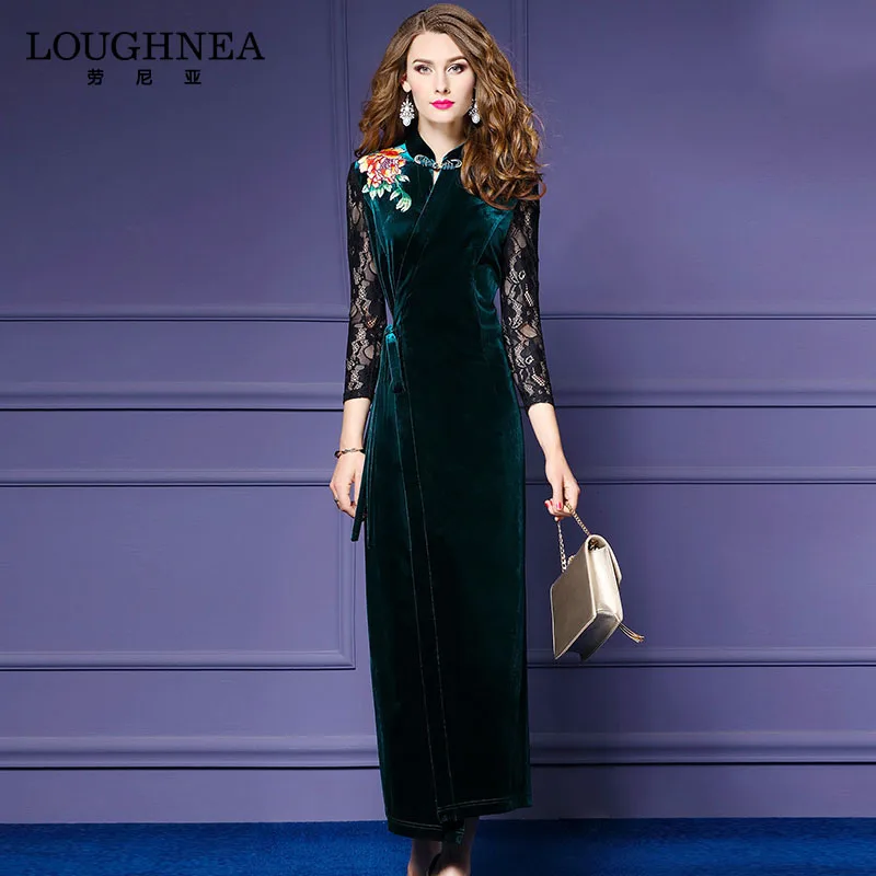 Женское кружевное лоскутное платье Qipao зеленое бархатное с вышивкой и рукавом 3/4