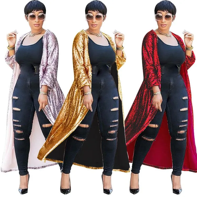 Women Autumn Sparkly Gold Long Cardigan Coat Open Front Sequin Party Glitter Trench Outwear | Женская одежда