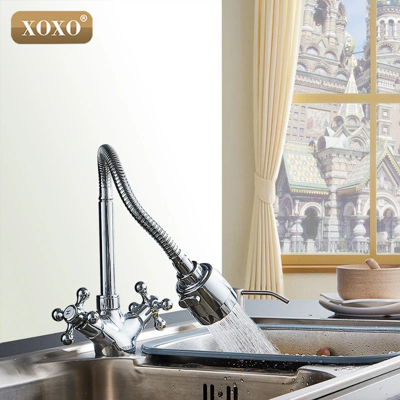 Серебряный смеситель XOXO с двойной ручкой для холодной и горячей воды медный
