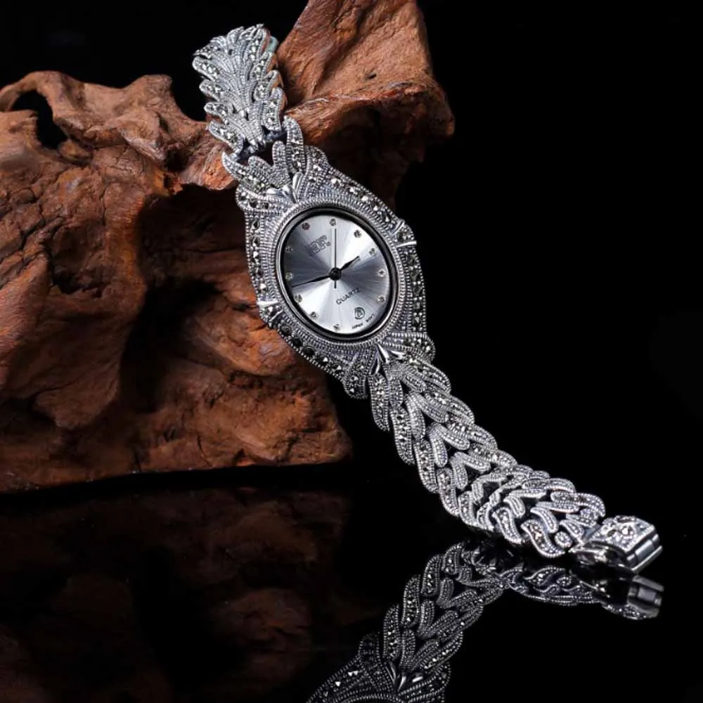 Jade Angel, женские винтажные часы с марказитом, тайские 925 пробы, Серебряные наручные часы, рождественские подарки, подарки на день благодарения, подарки на день рождения