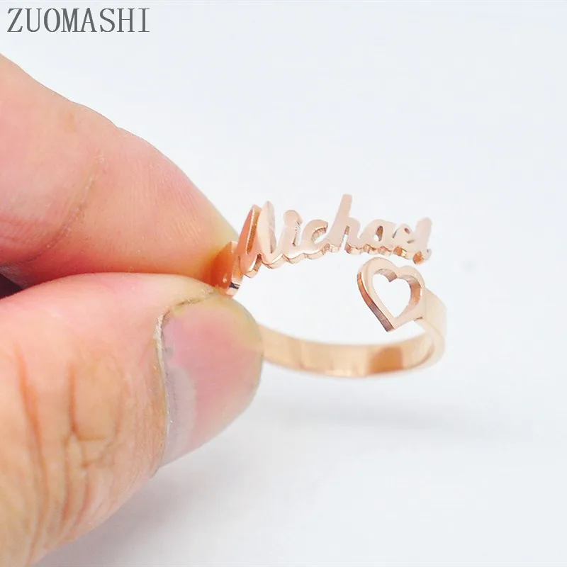 Custom Heart Name Ring Personalized Heart Ring Adjustable Size Stainless Steel Unique Jewelry Wedding Rings Gift For Women Girl
