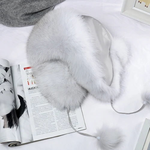 natural fox white Шапки-бомберы из натурального Лисьего меха, зимние теплые женские пушистые шапки-ушанки из натурального Лисьего меха, роскошные качественные шапки из натурального Лисьего меха для русской леди - Цвет: natural fox white