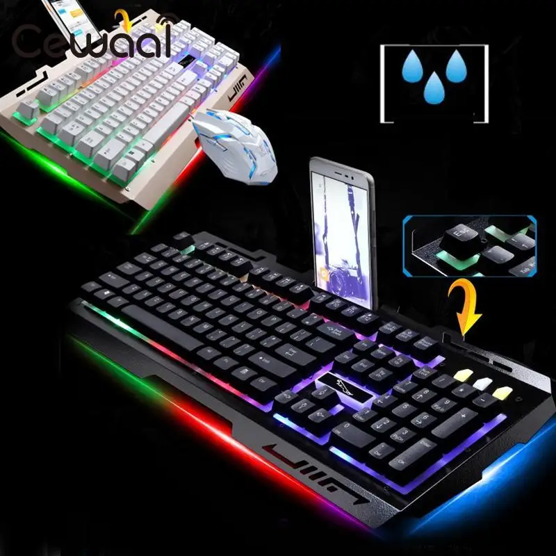 Cewaal Подсветка USB Проводная Механическая клавиатура мышь комбо набор 2400 dpi прочный