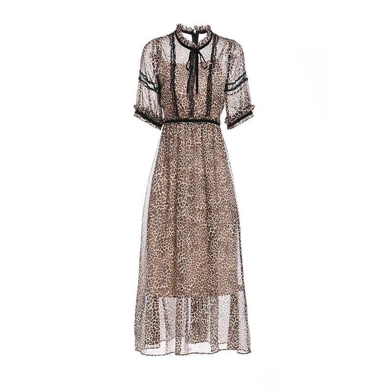 

High Quality 2019 Summer New Women Dress Retro Wind Leopard Print Lace Wooden Ears Round Neck Big Swing Casual Dresses Female