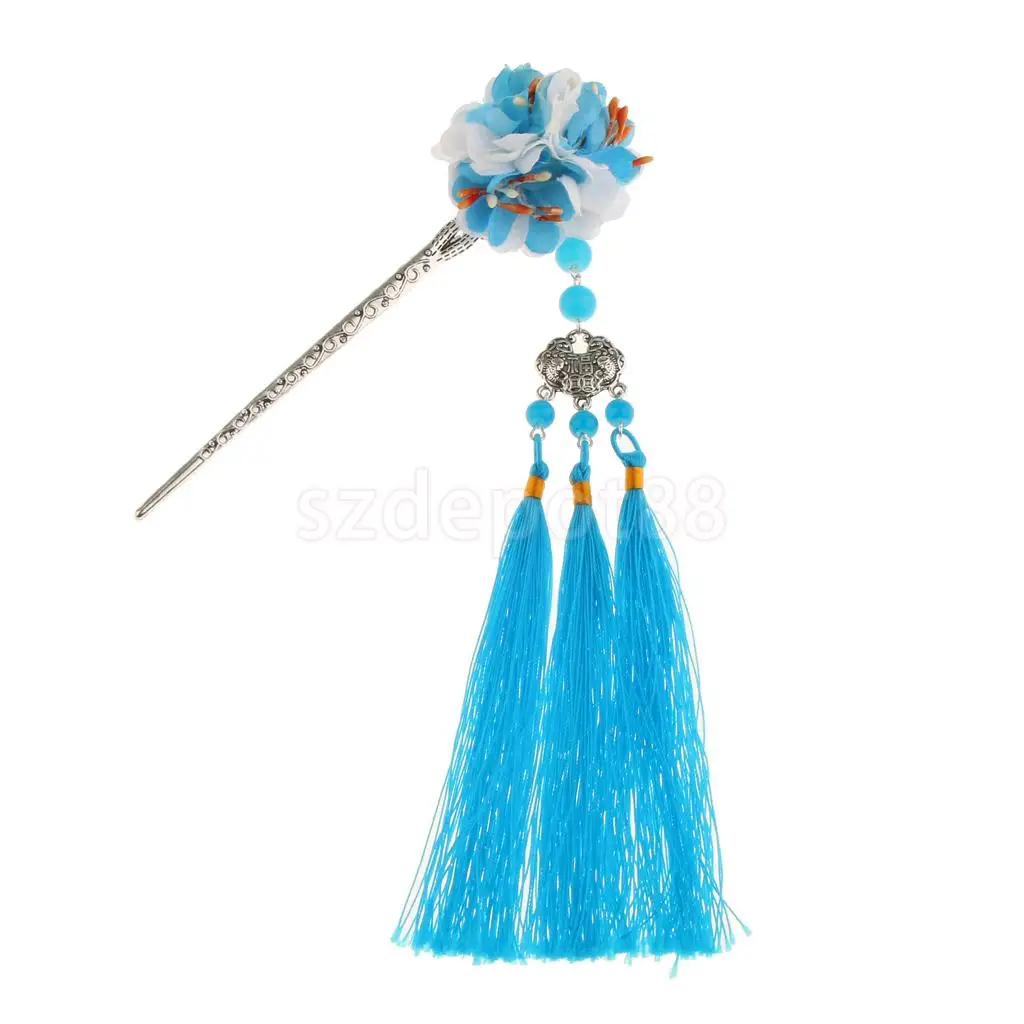 Lake Blue Заколка для волос с цветами Kanzashi Tassel Chignon Винтаж для кимоно Hanfu - Цвет: Lake Blue